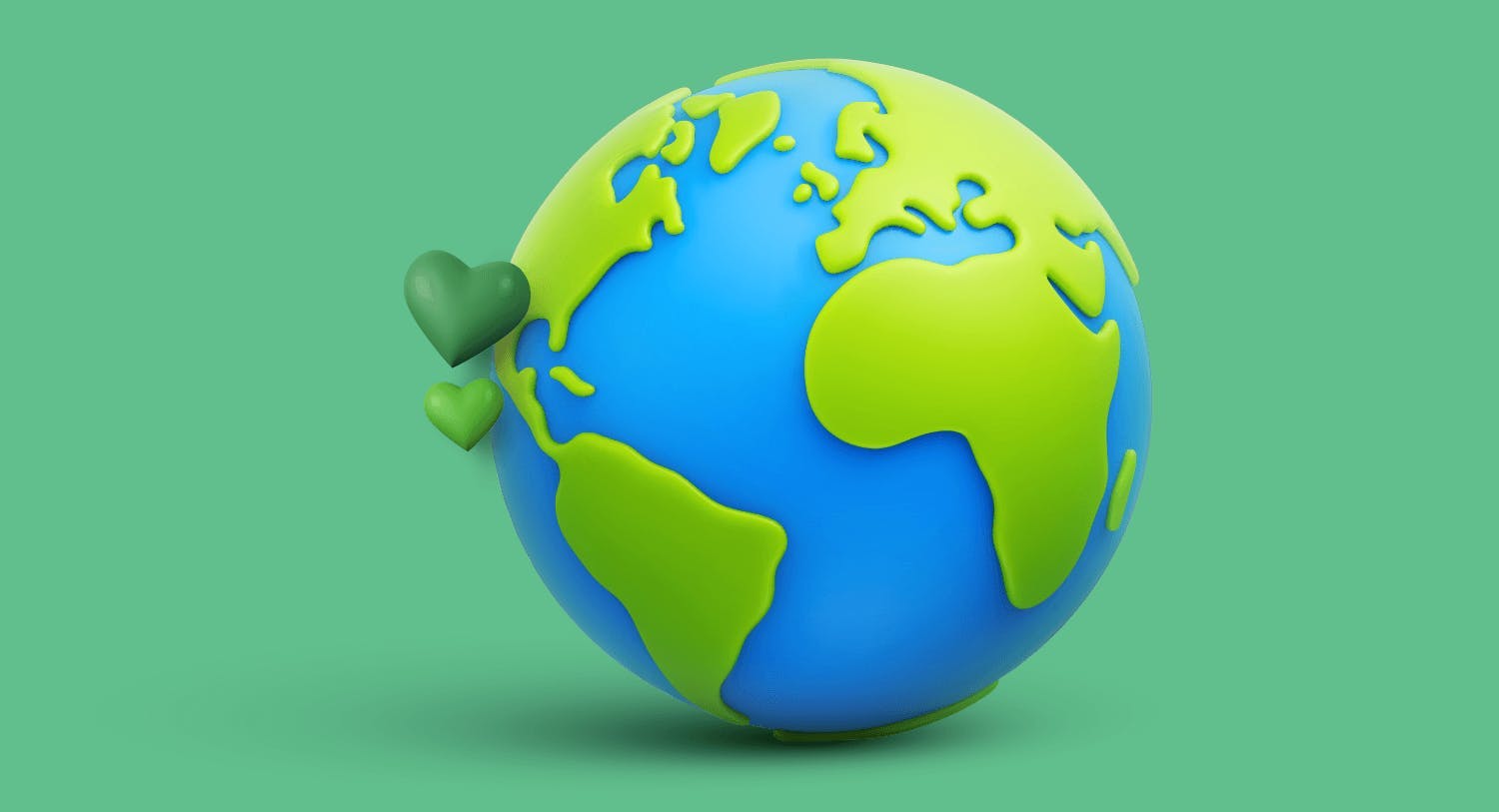 Une planète d'un bleu et vert vif, avec des petits coeurs vert inspirant le respect de l'environnement