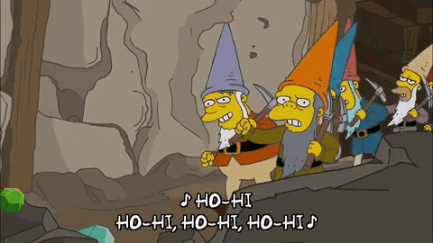 Simpsons -hahmoja pukeutuneina kääpiöiksi matkalla louhokseen