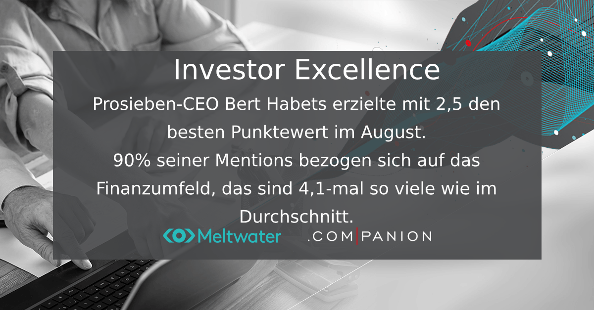 Meltwater und .companion CEO Echo im August 2023. Dieser Banner zeigt die Kategorie "Investor Excellence", in der der Prosieben-CEO Bert Habets gewonnen hat.