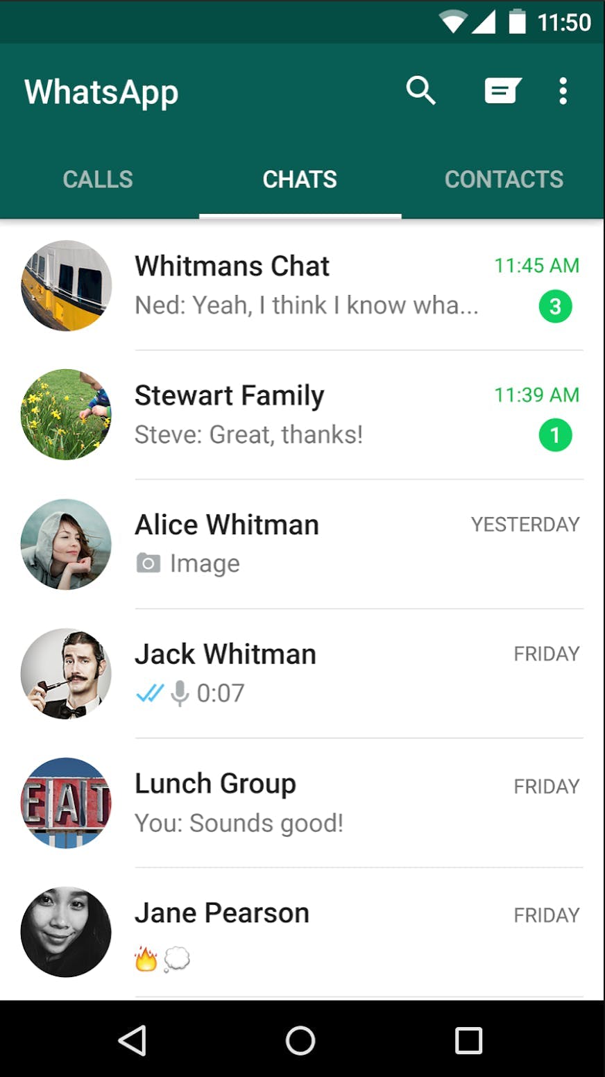 A screenshot of the home screen within WhatsApp that displays all of your active conversations.