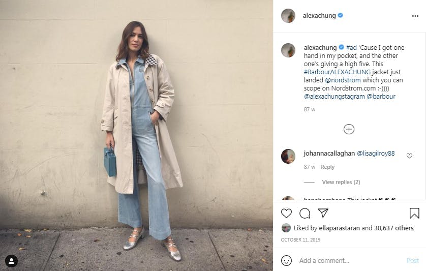 Instagram post of Alexa Chung wearing Barbour coat