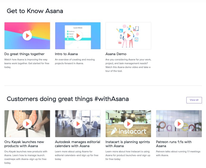 Asana's video page hosts its brand and product videos as well as client testimonials