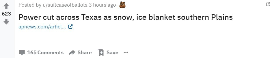 screenshot of reddit marketing and news discussion on power cuts in Texas due to snow