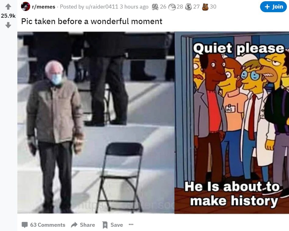 screenshot of reddit marketing and meme discussion with bernie sanders 