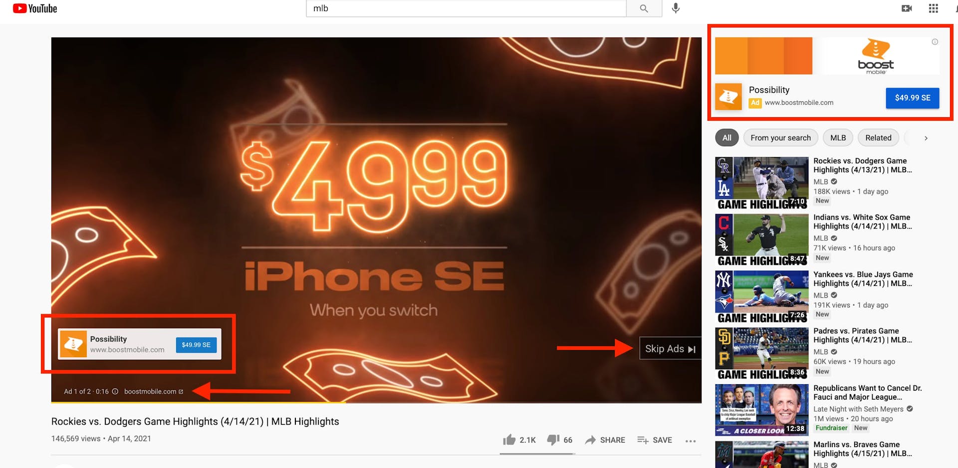 Example of skippable YouTube ad with banner ad displayed on the left side