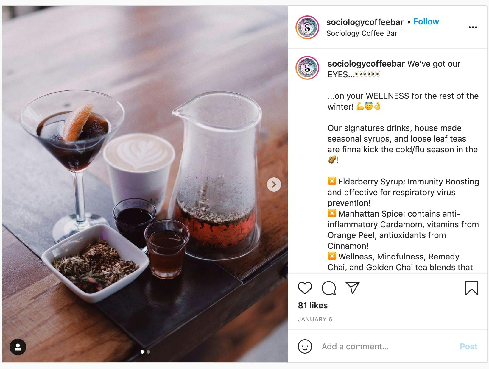 An Instagram post by the small business Sociology Coffee Bar about their signature drinks for the winter months.