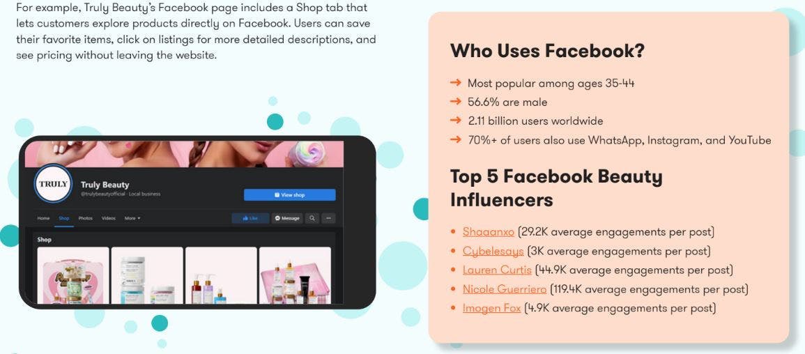 Facebook stats and truly beauty profile on iphone