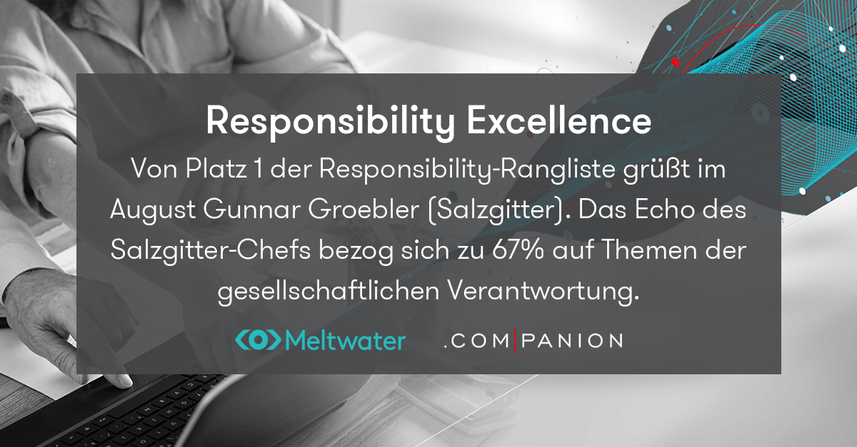 Meltwater und .companion CEO Echo im August 2022. Dieser Banner zeigt die Kategorie "Responsibility Excellence", in der August Gunnar Groebler von Salzgitter gewonnen hat.