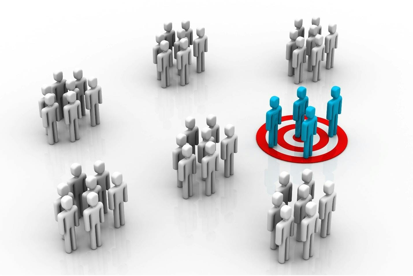 Seven clusters of people grouped together with one of those groups standing over a bullseye, signaling that this cluster of people represents your ideal type of customer. 