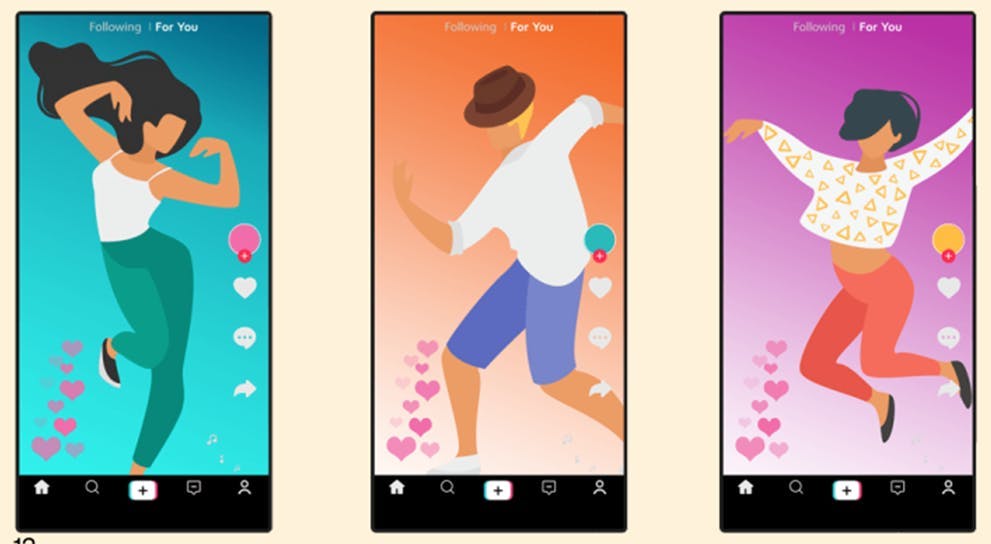 Kleurijke illustratie van drie smartphones naast elkaar die tiktoks afbeelden