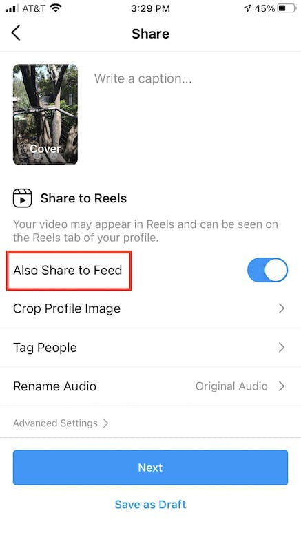 Screen from where you can post your Instagram Reel, showing section for caption and choosing if you want the Reel on your main profile