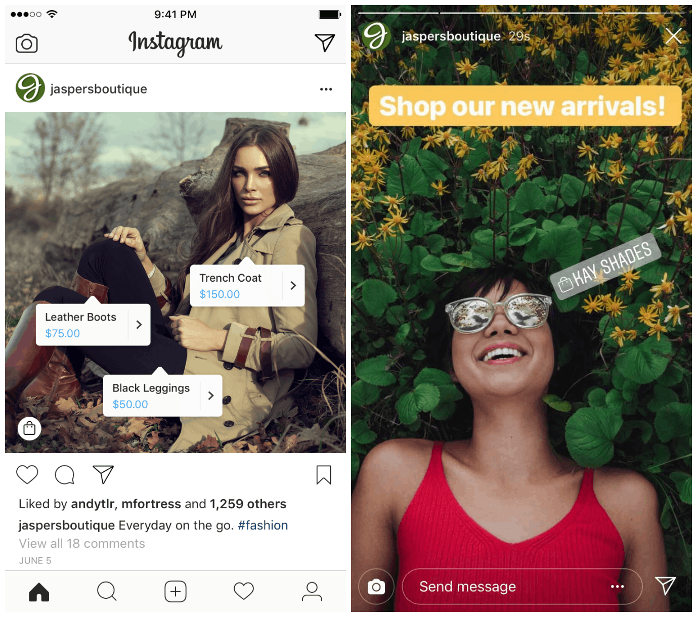 L to R: Shoppable tags are added in the form of product tags on image posts and stickers on IG Stories