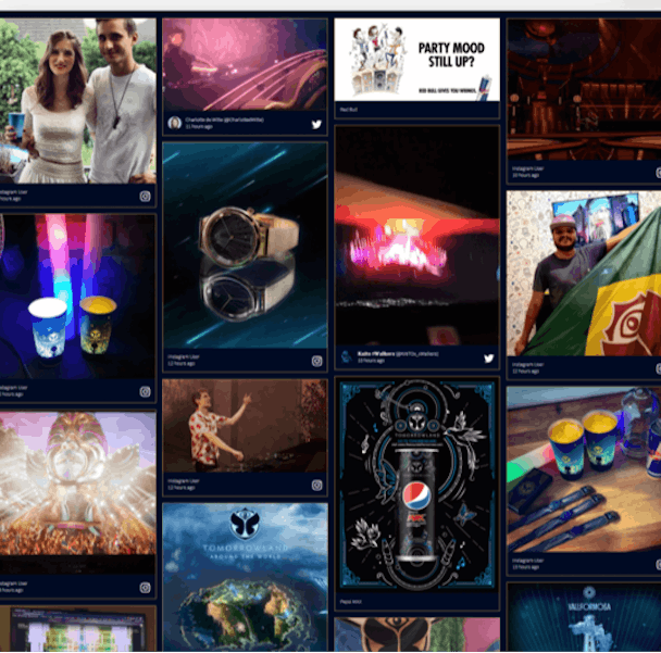 Een social wall die de user-generated content afbeelt die rond Het Tomorrowland muziekfestival is gemaakt