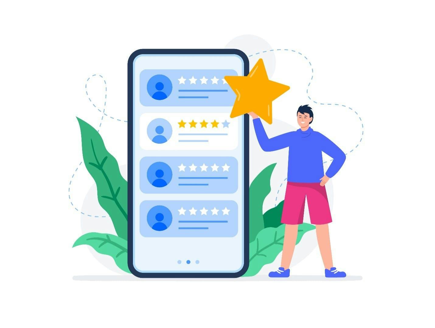 A cartoon drawing of a person leaving a 4-star customer review next to a gaint cell phone