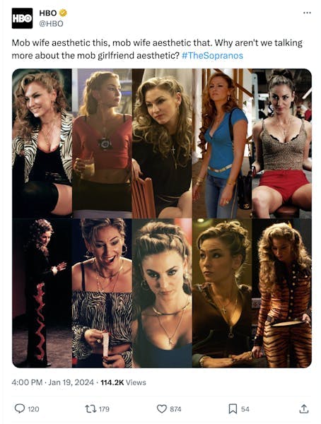A screenshot of a tweet from @HBO featuring 10 photos of Adriana La Cerva from The Sopranos. The tweet reads, "Mob wife aesthetic this, mob wife aesthetic that. Why aren't we talking more about the mob girlfriend aesthetic? #TheSopranos"