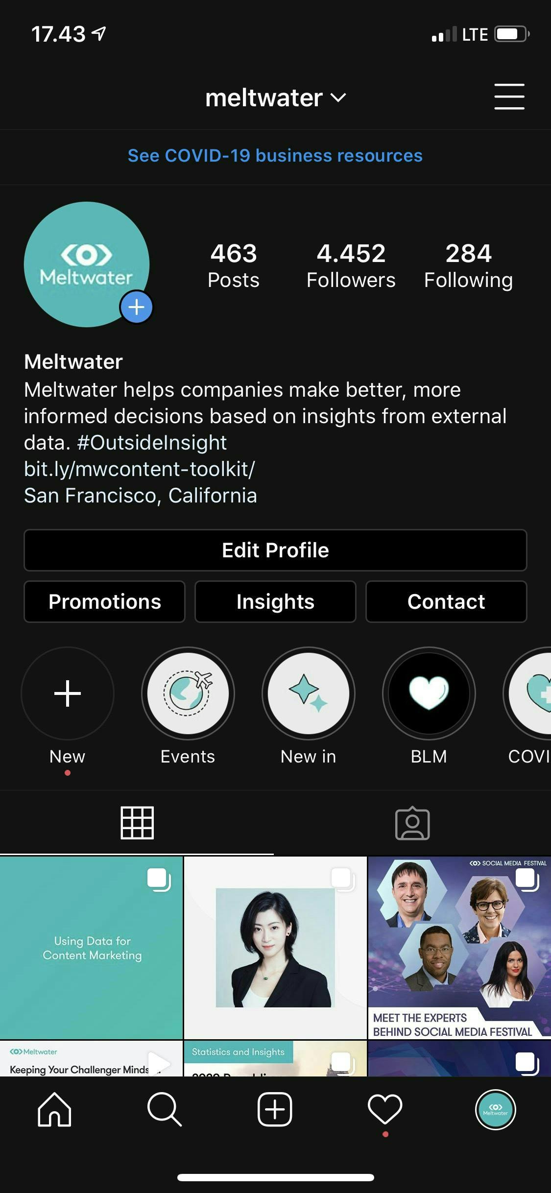 A screenshot of Meltwater's Instagram profile