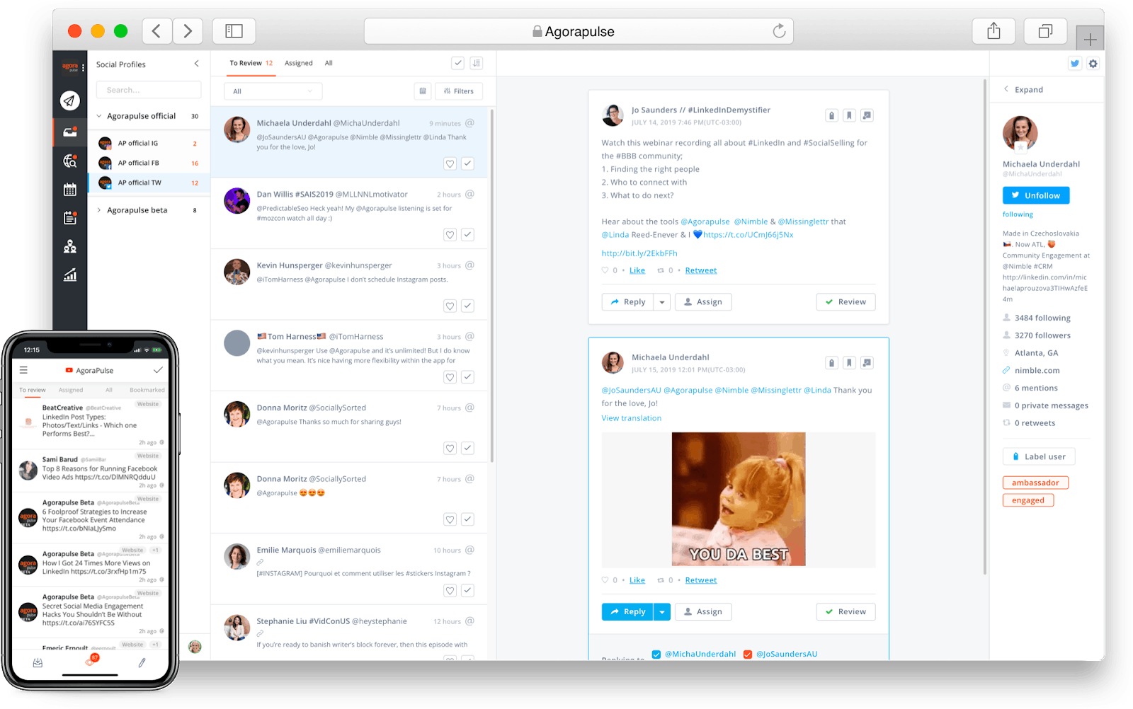 Agorapulse inbox voor social monitoring tool afgebeeld op mobiel en desktop