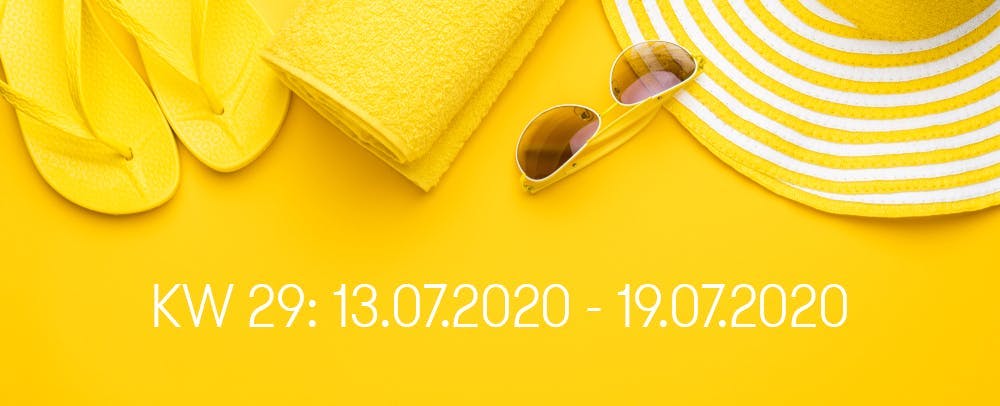 Social Media Sidekick Banner Highlights KW 29 gelber Hintergrund mit Strandsachen