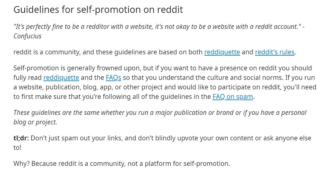 screenshot of reddit marketing and guidelines for self promotion on reddit