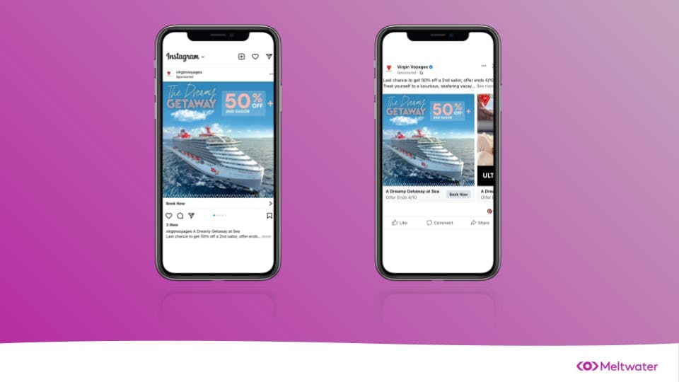 Two iphones with virgin voyages social media profiles as an example for social commerce