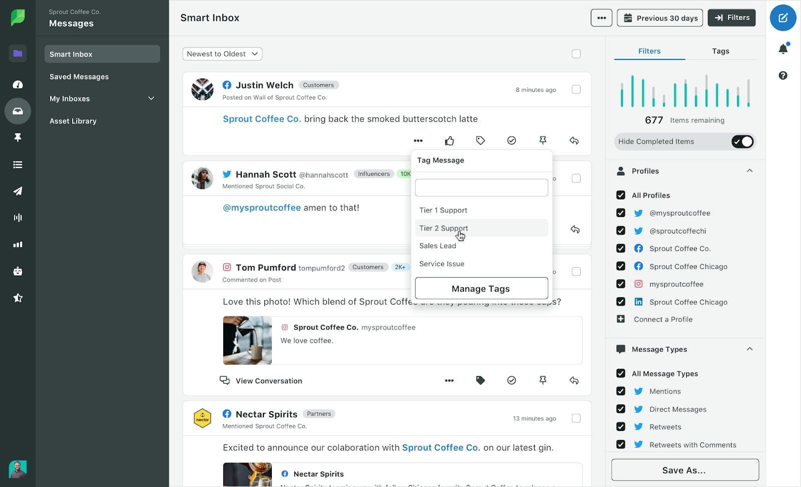 Image of Sprout Social dashboard for social media monitoring tool