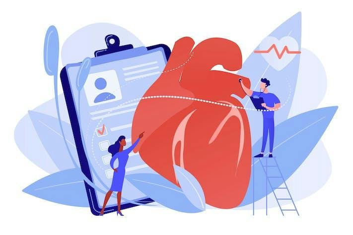 Illustration eines übergroßen Herzens, an dem Ärzte arbeiten