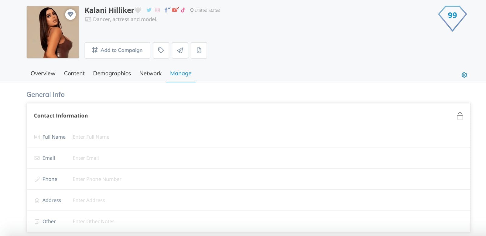 Screenshot of a Klear influencer profile to manage