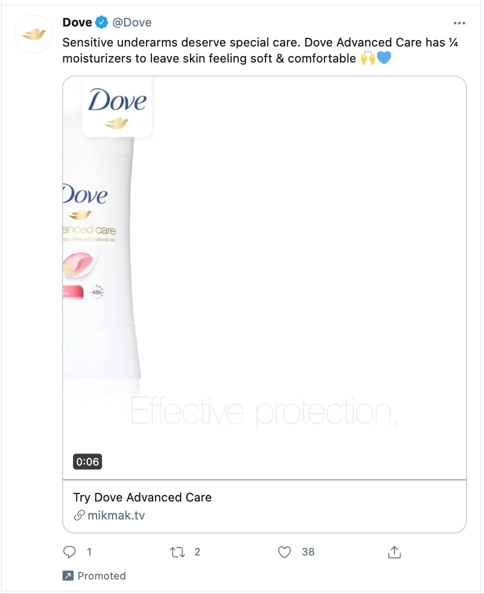 Twitter ad for Dove body wash showing grey text saying "promoted" to indicate that it's an ad. 