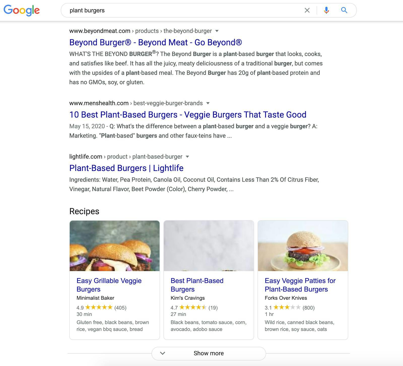 SEO example digital marketing for "plant burgers"