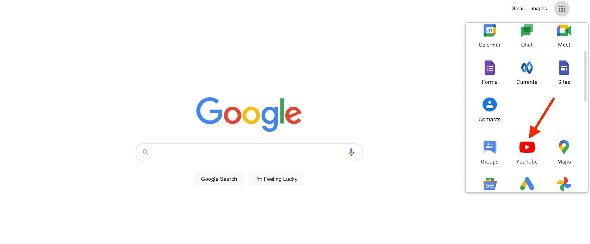 Capture d'écran du menu d'applications Google, flèche rouge qui pointe l'icône YouTube 