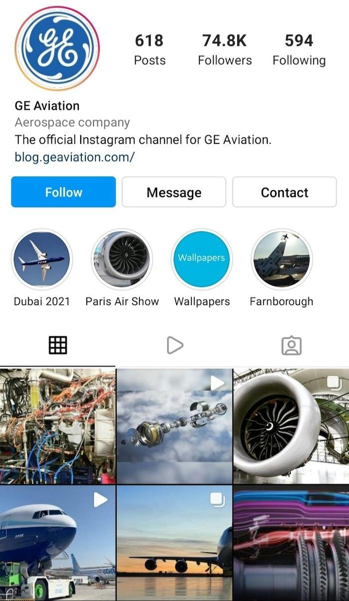 Das Instagram-Profil von GE Aviation