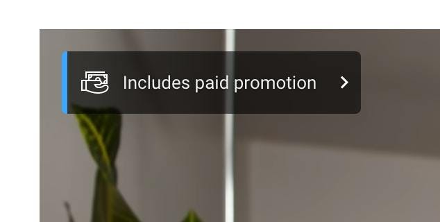 A screenshot of the "Includes paid promotion" label that appears on YouTube videos