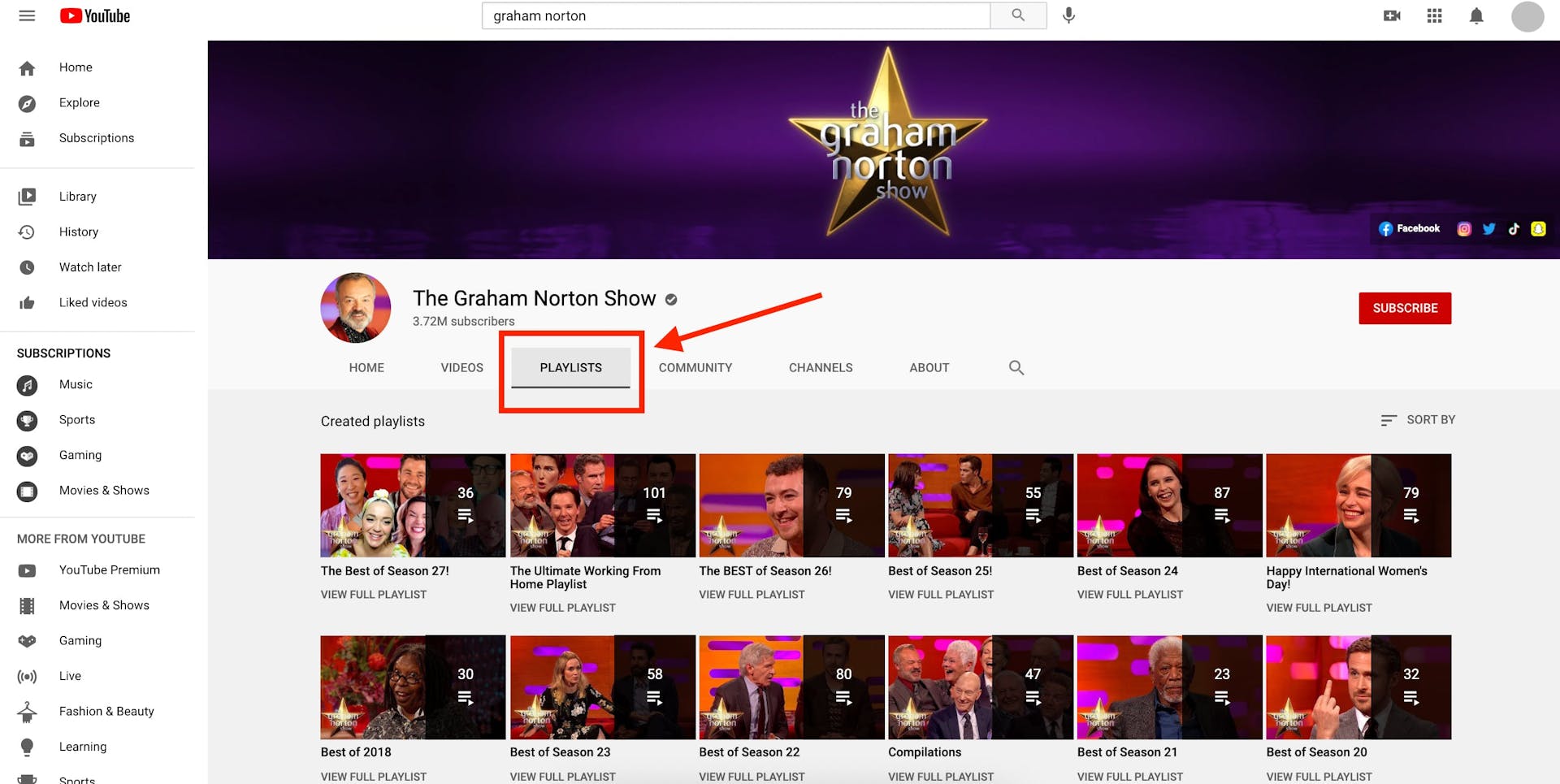 Playlists tab for the Graham Norton Show YouTube channel showing consistency and easy scannibility