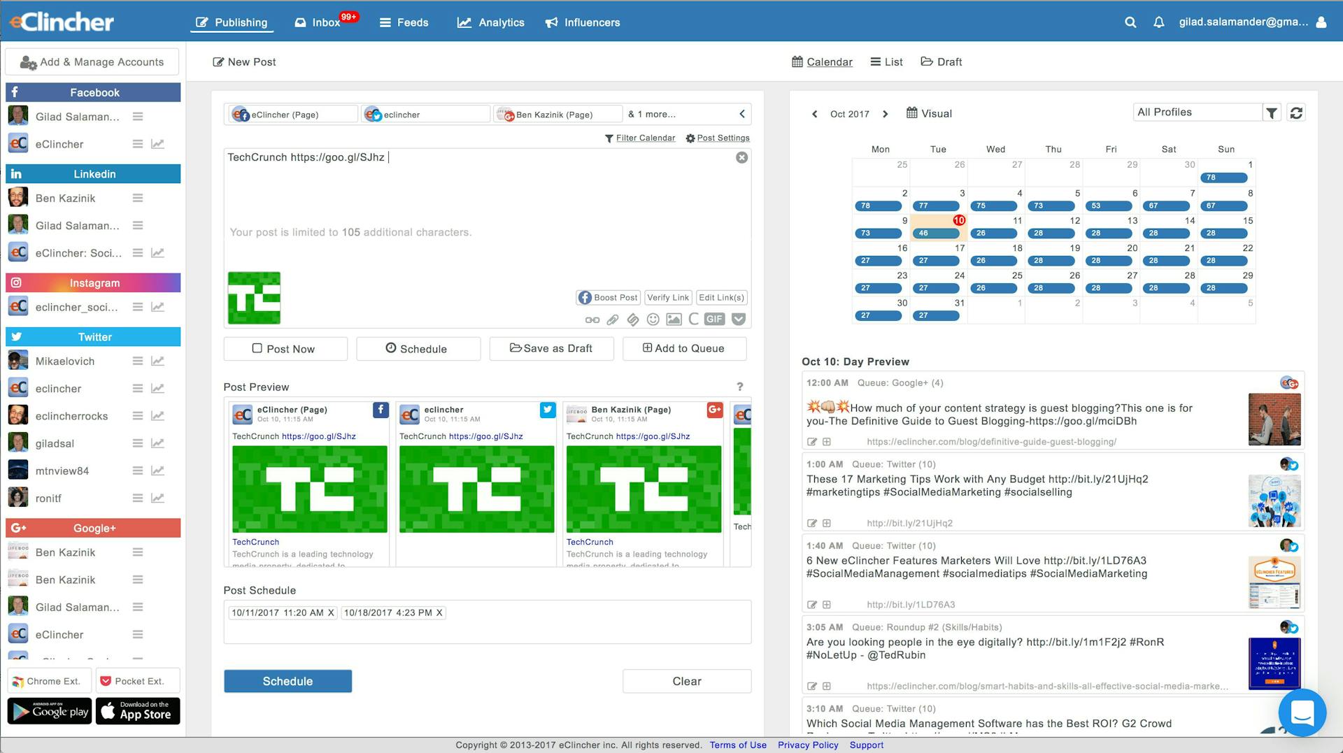 A screenshot of an eClincher publishing dashboard for a blog about Agorapulse alternatives.