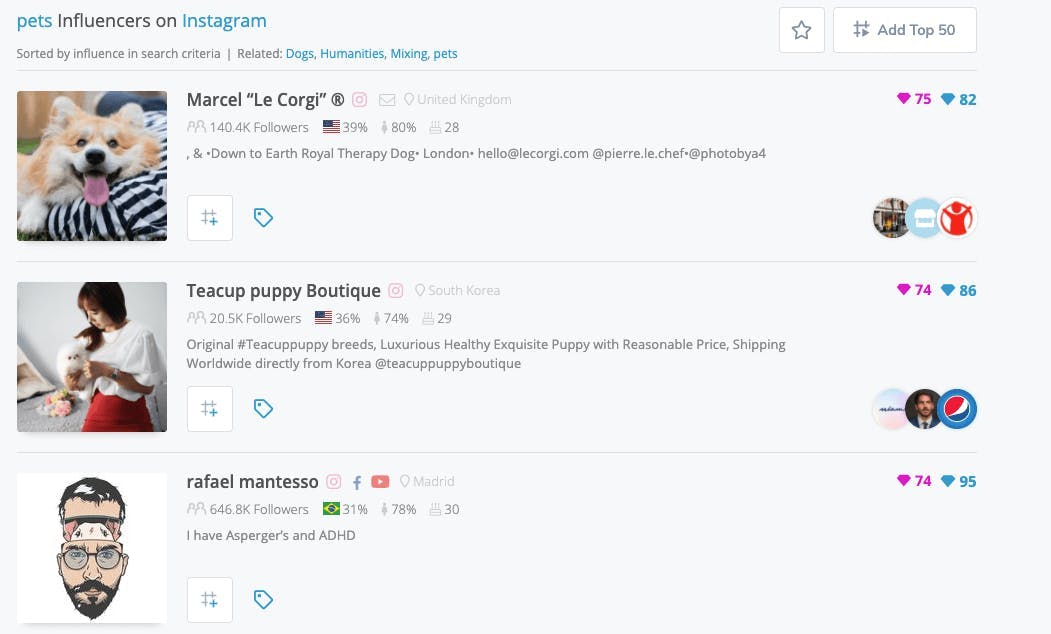 Screenshot of the Klear Meltwater Influencer Marketing Suite with pet influencers on Instagram