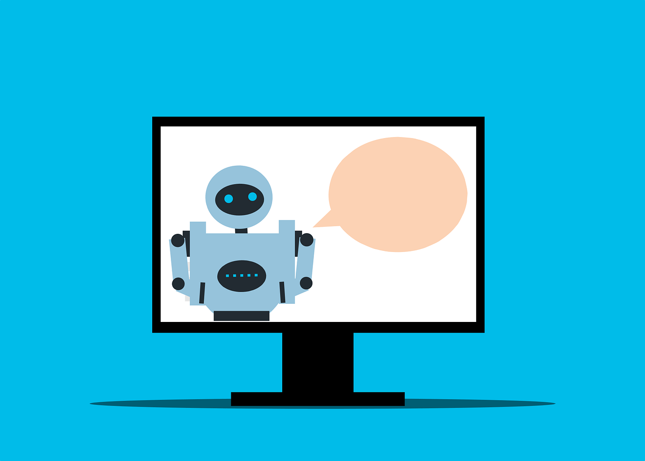 Illustration of a social media bot on a desktop computer screen next to a speech bubble