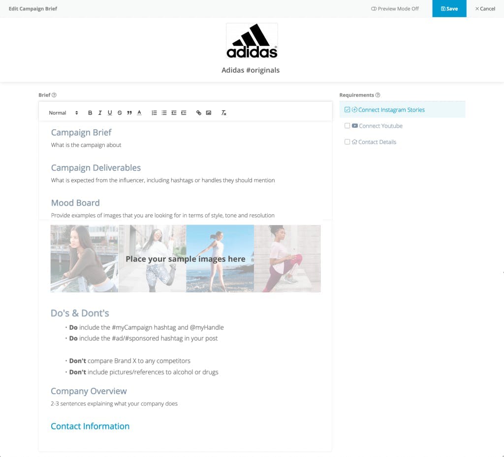 Screenshot of an Adidas influencer campaign brief created with Klear Connect