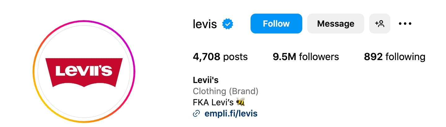 A screenshot of the Levi's Jeans Instagram account bio
