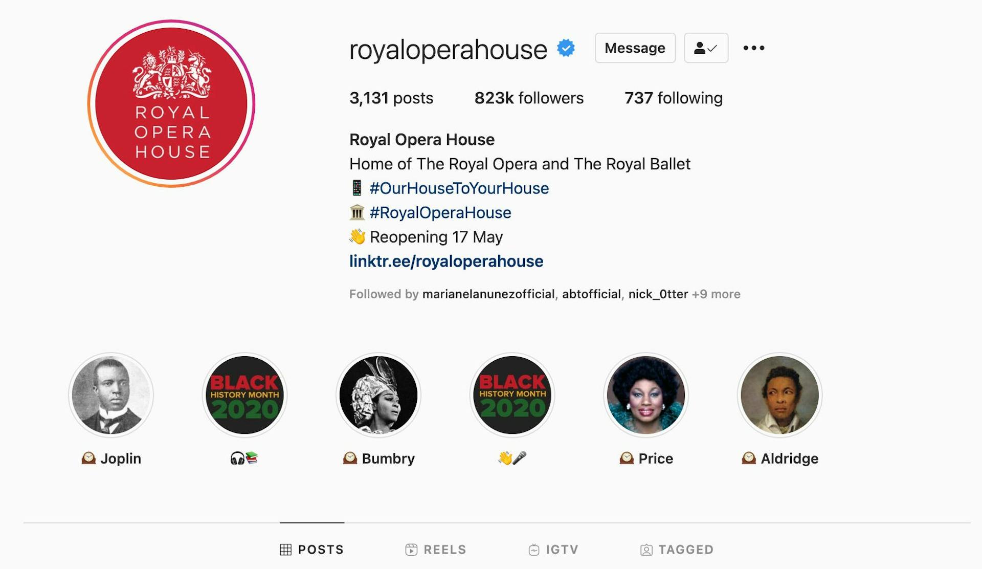 Example of a less effective Highlights row on an Instagram profile, showing inconsistent cover style