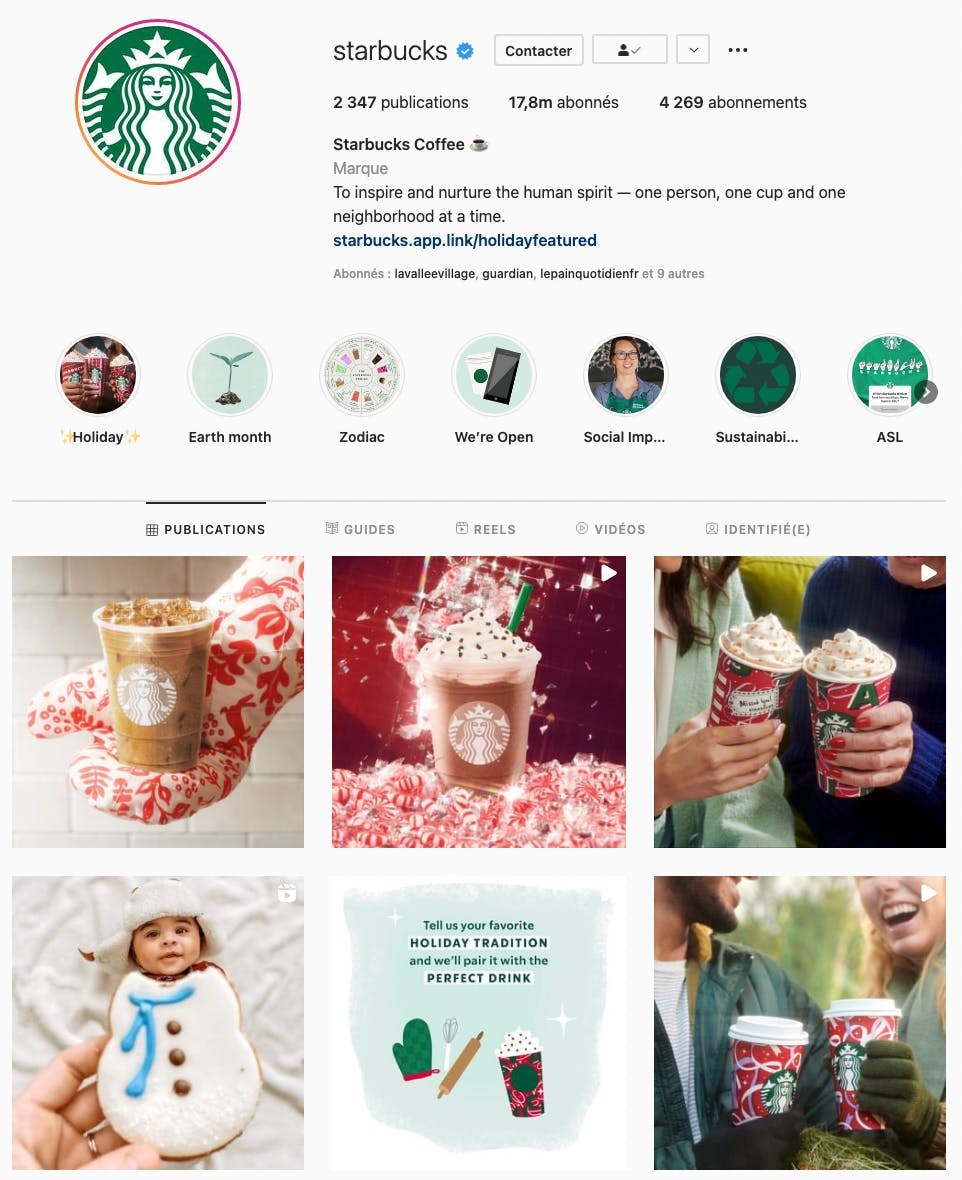 Aperçu du compte Instagram de Starbucks et uniformit des couleurs