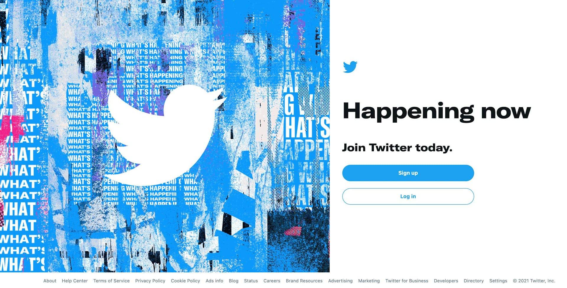 Twitter homepage showing buttons to log in our sign up