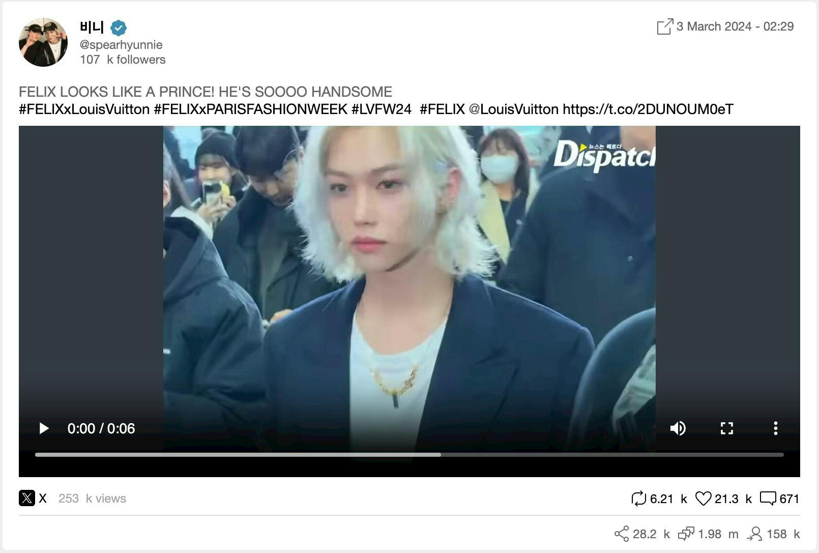 Un post X présentant une vidéo de Felix avec la légende "Felix ressemble à un prince ! Il est tellement beau".