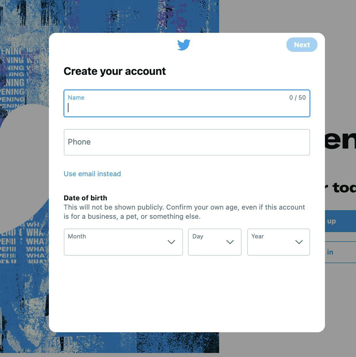 Step 2 for creating a Twitter account with fields for name and phone number