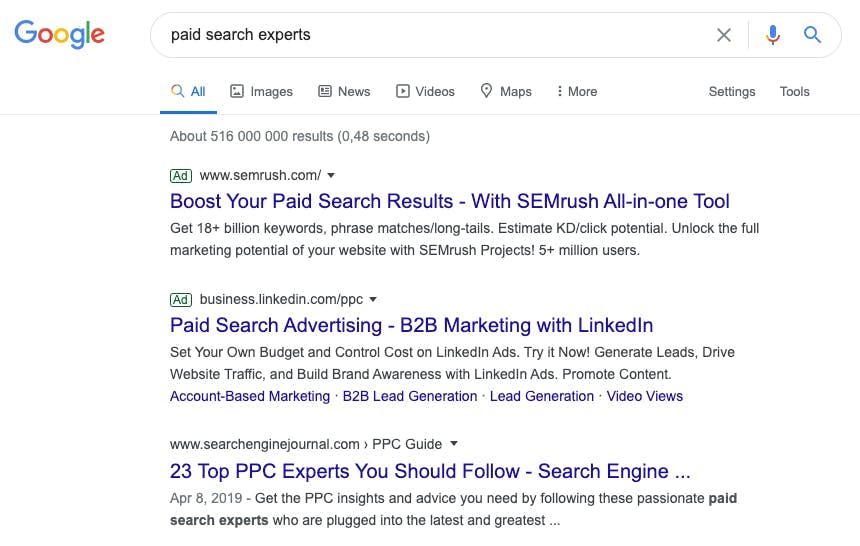 Esimerkki hakukonemainoksesta hakusanalla "paid search experts"