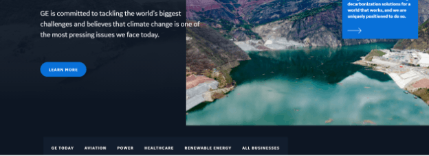 Een screenschot van GE's webiste waar een gedeelte over klimaatverandering wordt uitgelicht