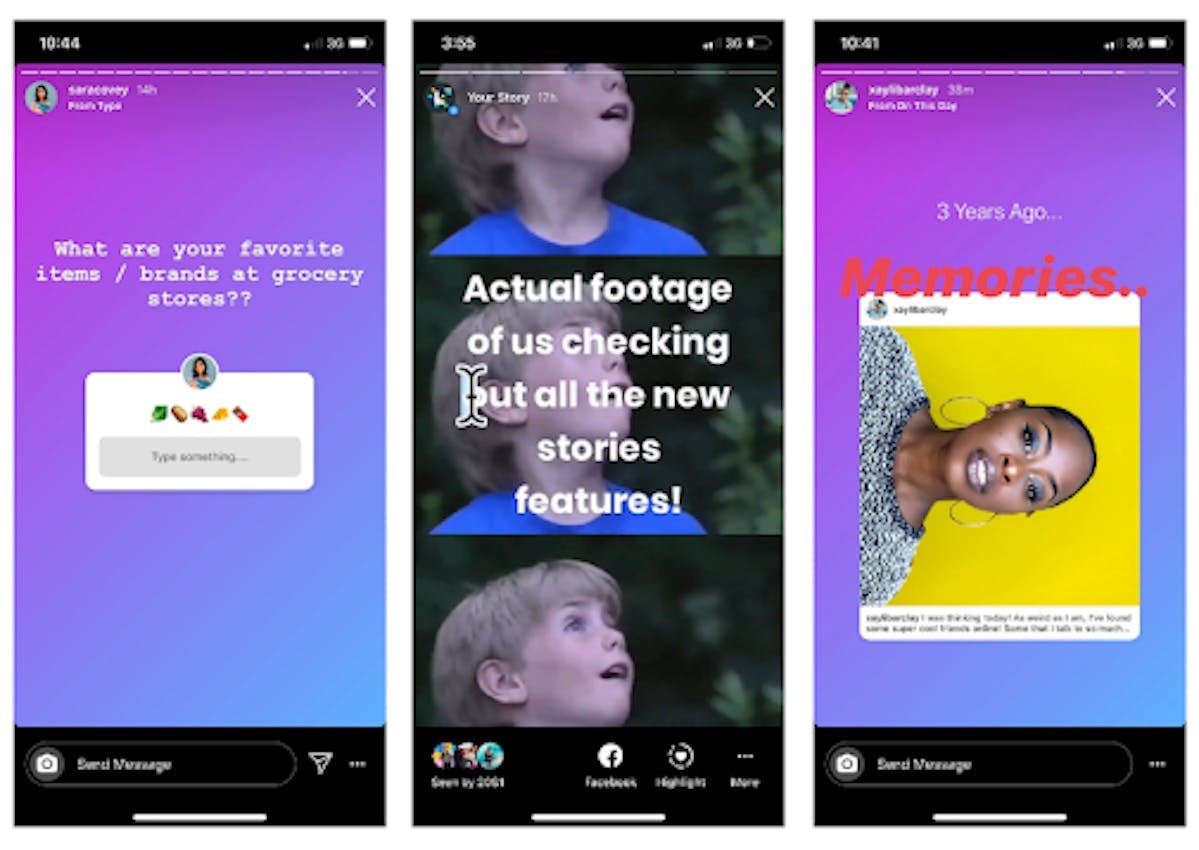 IG Stories features: question stickers, giphy gifs, Memories function