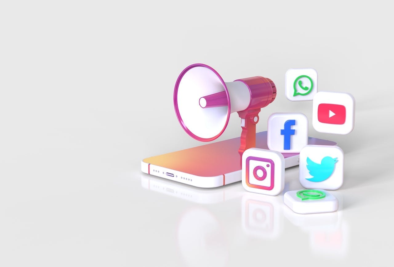 3D Illustration of a megaphone and social icons as the title image for the top Australian influencers