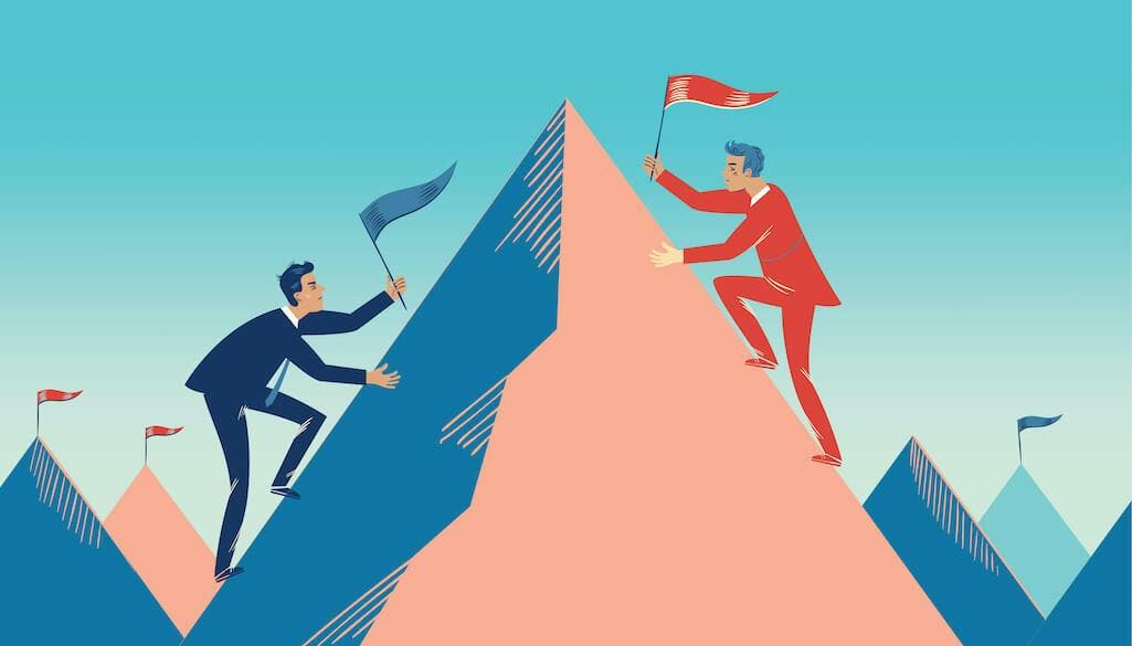 Eine comichafte Darstellung von zwei Business Männern, die versuchen schneller als der andere den Gipfel eines Berges zu erklimmen als Darstellung für eine Wettbewerbsanalyse.