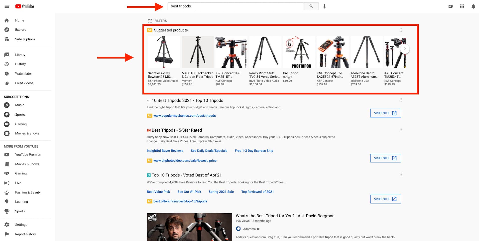 Product image ad results for a purchase focused keyword on YouTube