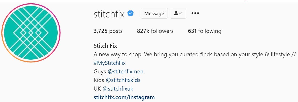 Instagram bio example with branded hashtag and links to other brand accounts.